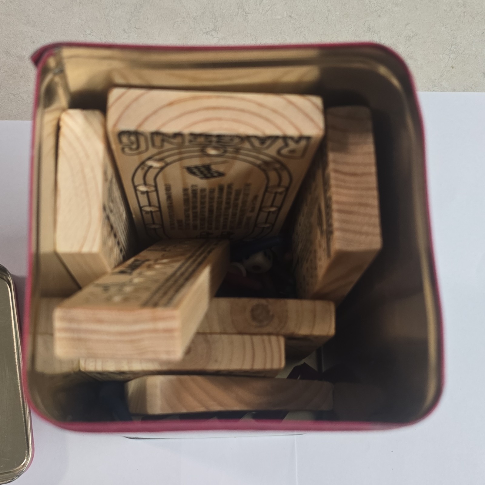 7 Wood Mind-Teaser Games Wooden Puzzle Set in Tin w/ Dice & Pegs