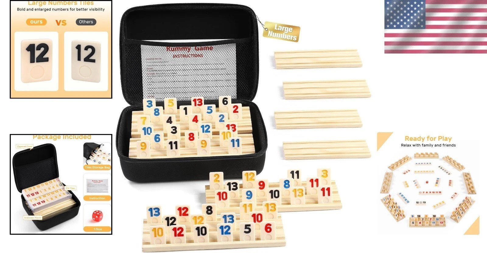 Rummy Cube 8 Player Set – 214 Large Tiles, 8 Wooden Racks, Zipper Case