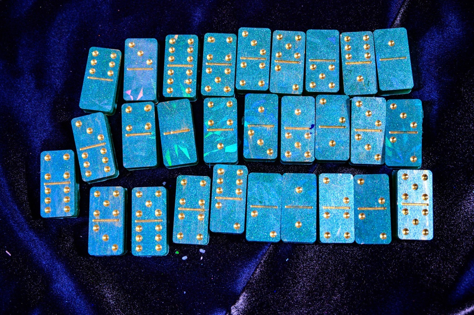 Handmade Resin Teal Holographic Glitter Dominoes Gold Pips Double Six Set
