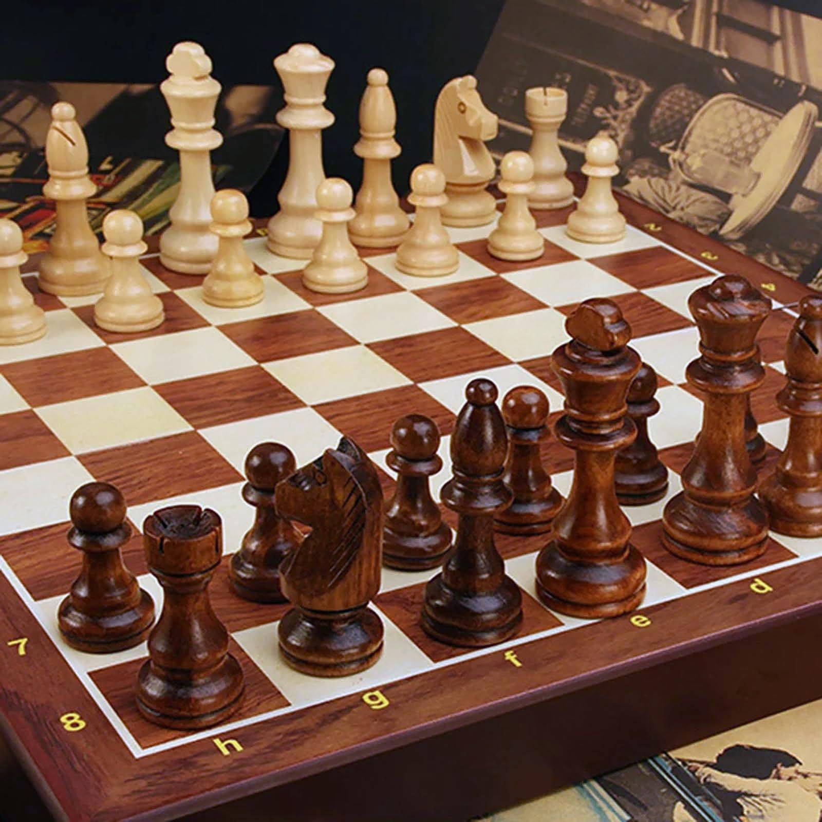 15” Walnut Chess Set with Storage Board for Adults & Children, 2 Players