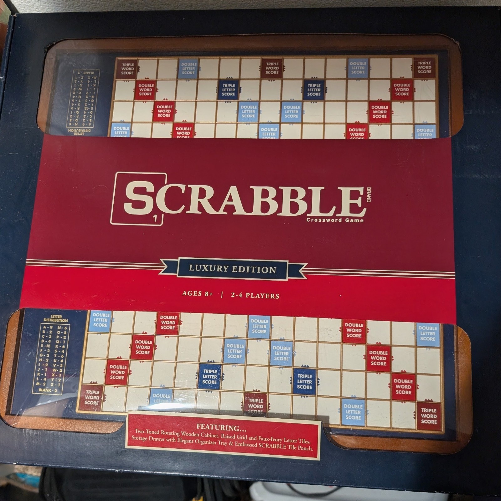 New Scrabble Luxury Edition with Wood Cabinet and Rotating Turntable Game Board