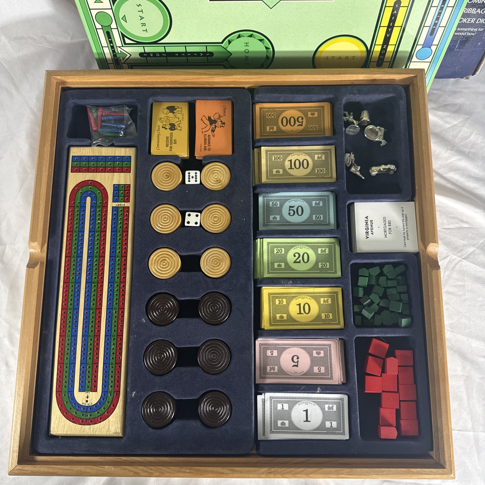 MONOPOLY SORRY Plus 6 Classic Games Tabletop Solid Wood Cabinet – Incomplete