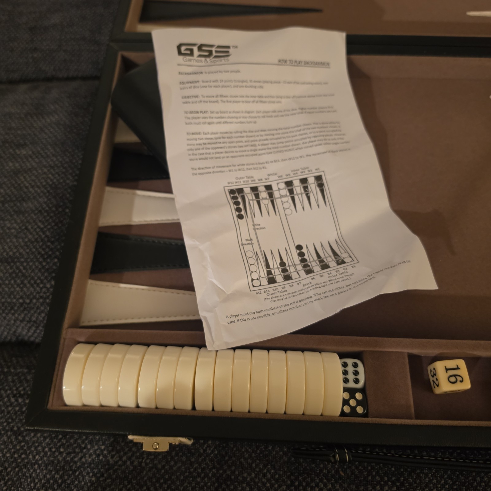 Vintage Backgammon Complete Set Gray Felt W/ Black & White Points And Stones