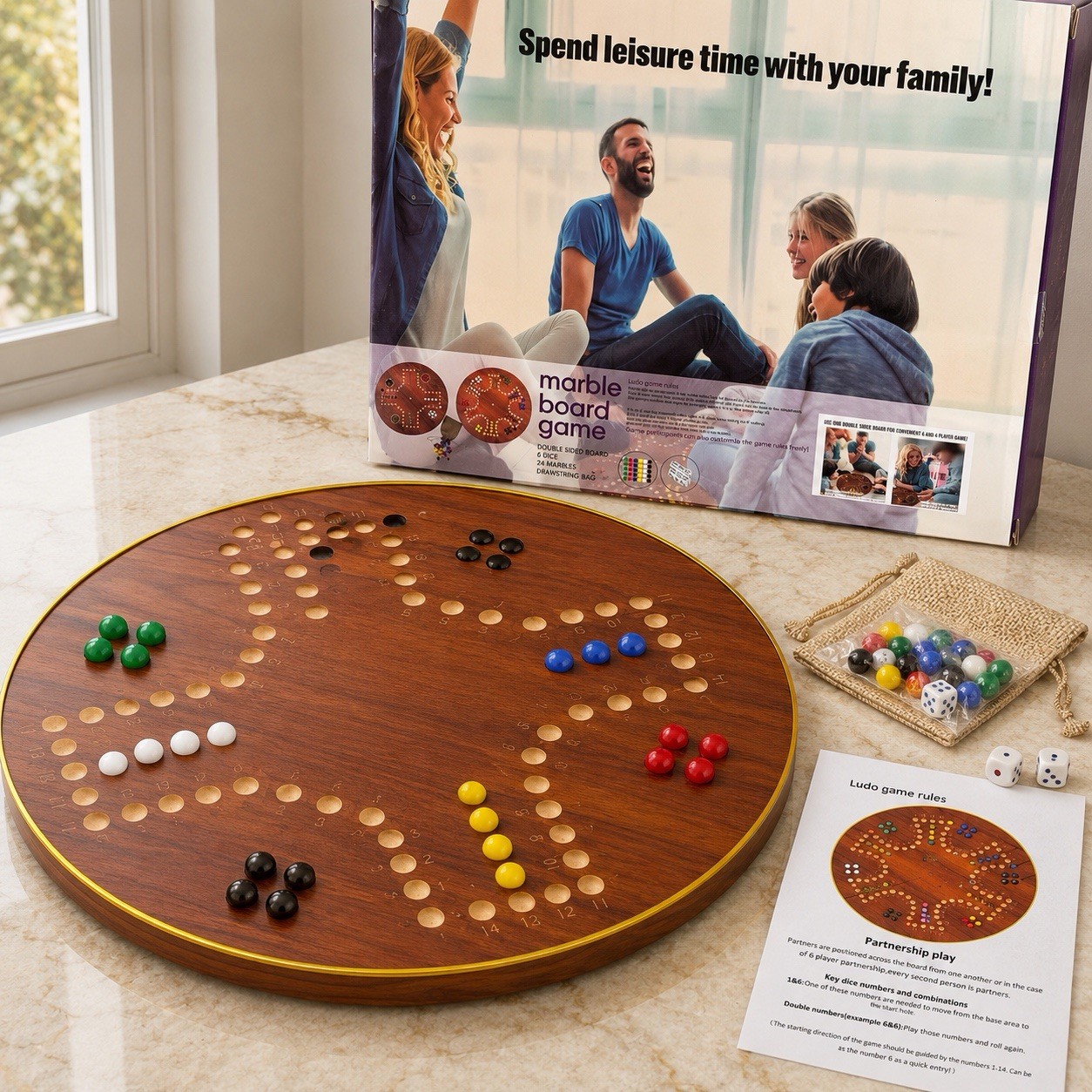 16” Double-Sided Wooden Marble Board Game Wahoo Fast Track Aggravation 2-6 P