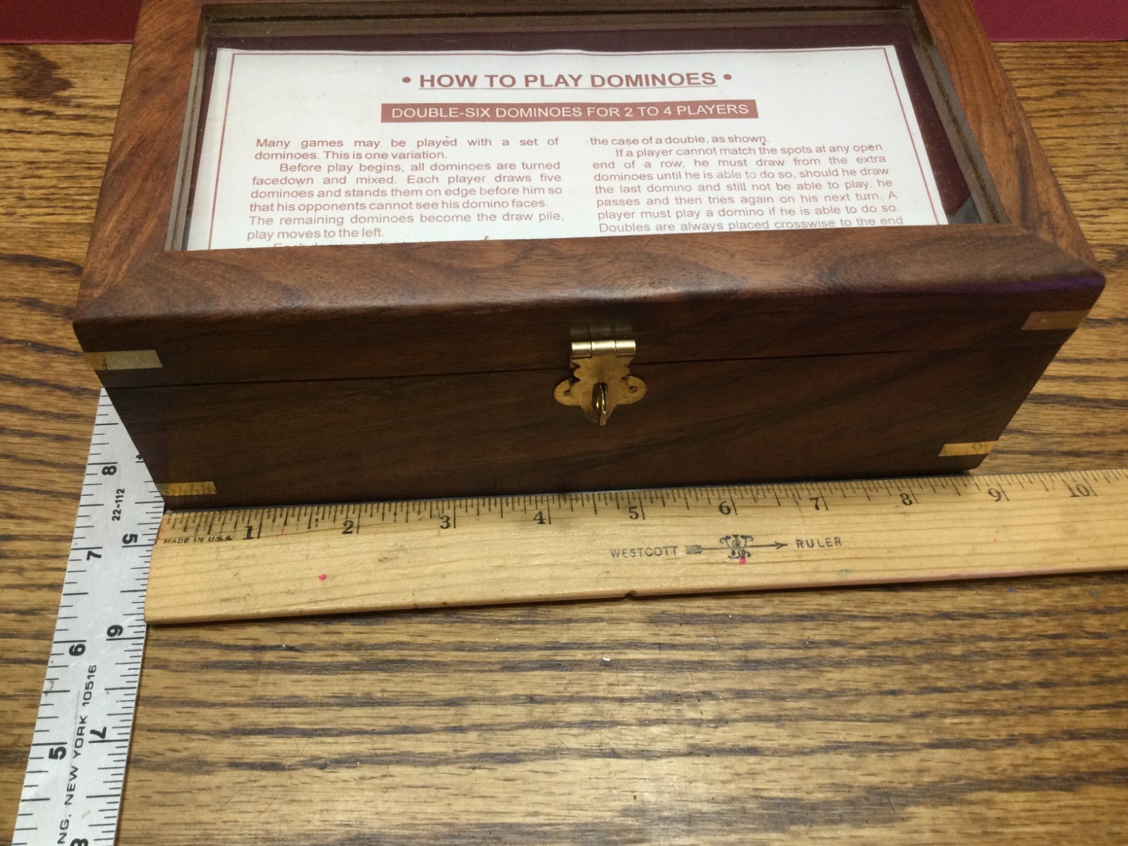 Wooden Domino Set with 28 Brass Inlay on 4″ x 1 7/8″ Tiles & Storage Box
