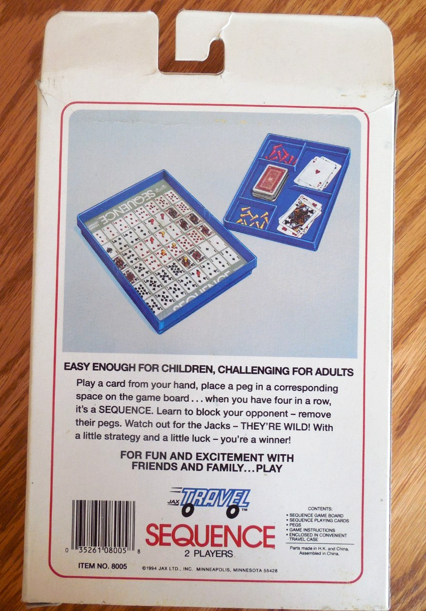 NEW 1994 JAX Ltd. “Sequence Travel” Game w Board*Pegs*Cards