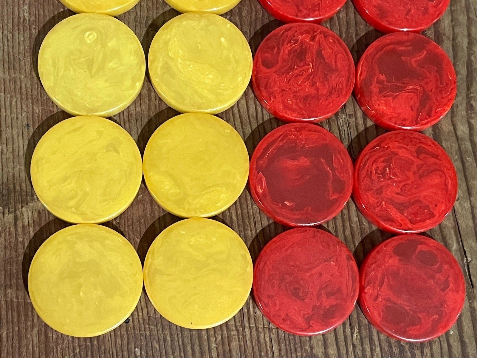 22 VINTAGE RED & YELLOW SWIRL BAKELITE BACKGAMMON PIECES ROUGHLY 1-7/32”x 15/64”