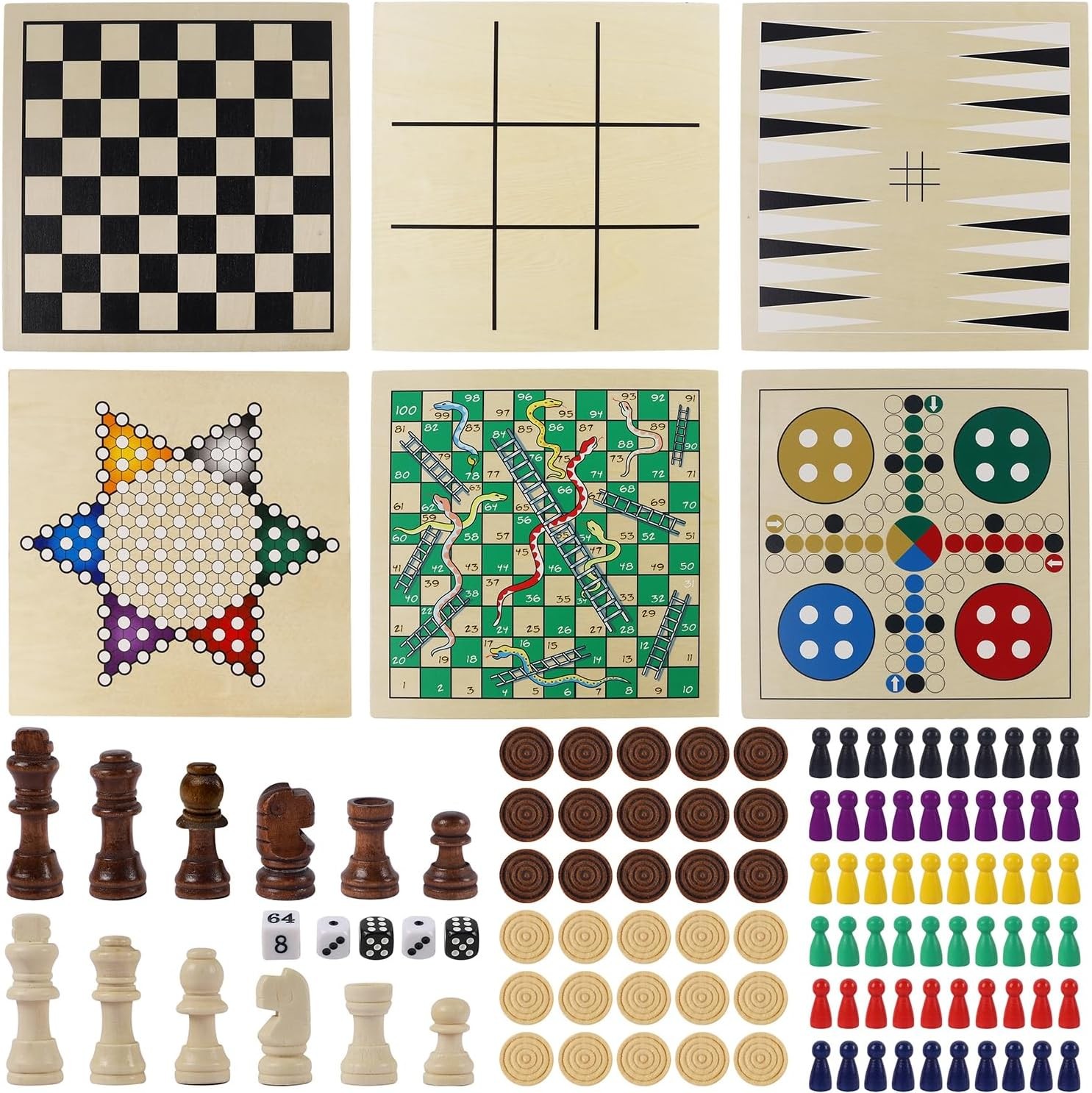 7-in-1 Wooden Board Game Set for Kids Adults, Tabletop Combo Classic Travel Port