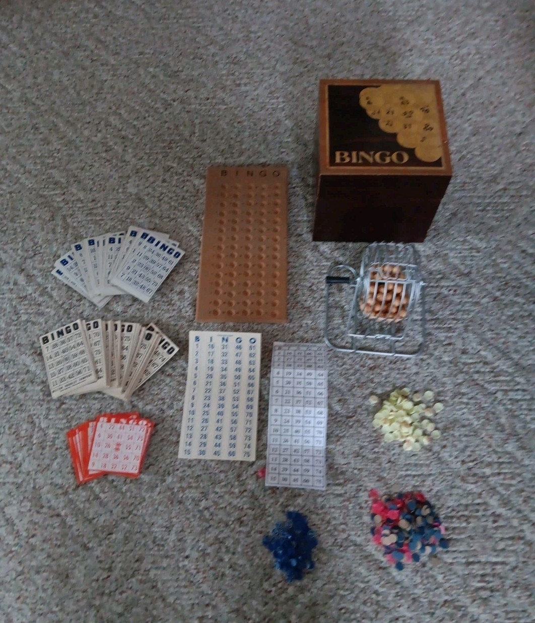 Bingo Set Wooden Case, Wood Master Board, Balls & Number Covers, Cards, Cage