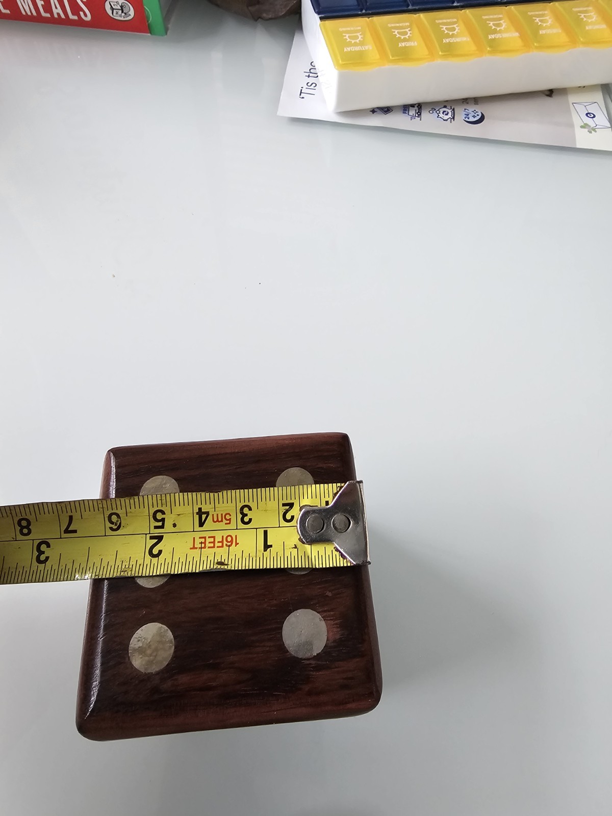 Set of 6 Wood Dice & Storage Box with inset brass decorative spots