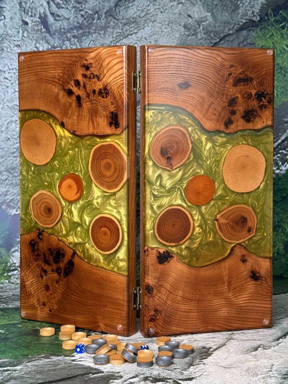 Handmade Wood Epoxy Resin Backgammon Board | Natural Grain Game Set 50×50 cm