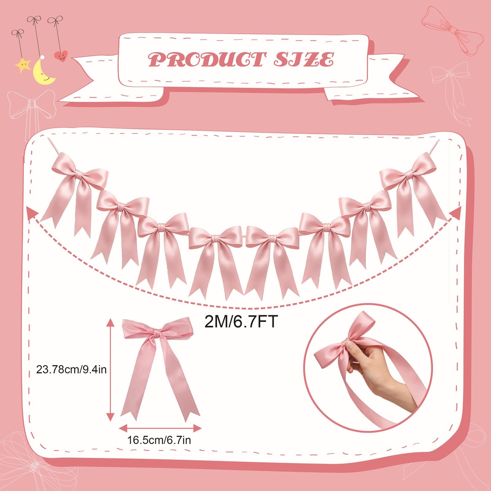 1 String Pink Bow Garland Banner 6.7ft/2m long, 9.4×6.7 inches,