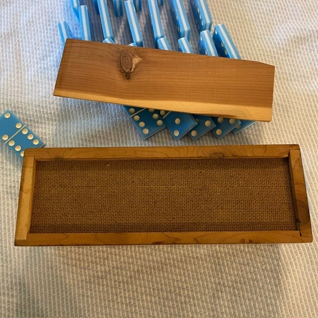 Vintage Two-Tone Blue and White Double Six Dominoes Complete 28 Set Wood Box