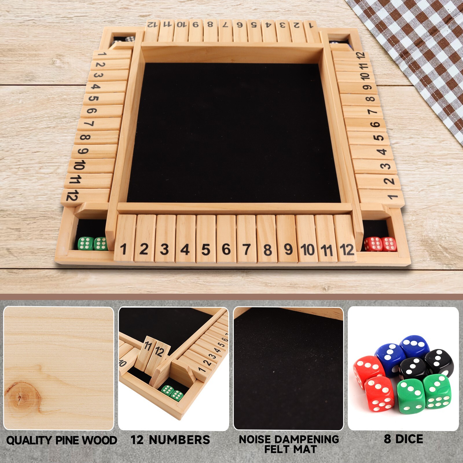 4-Player 12 Number Shut The Box Dice Game. Family Party Porch Pub Bar Board Game