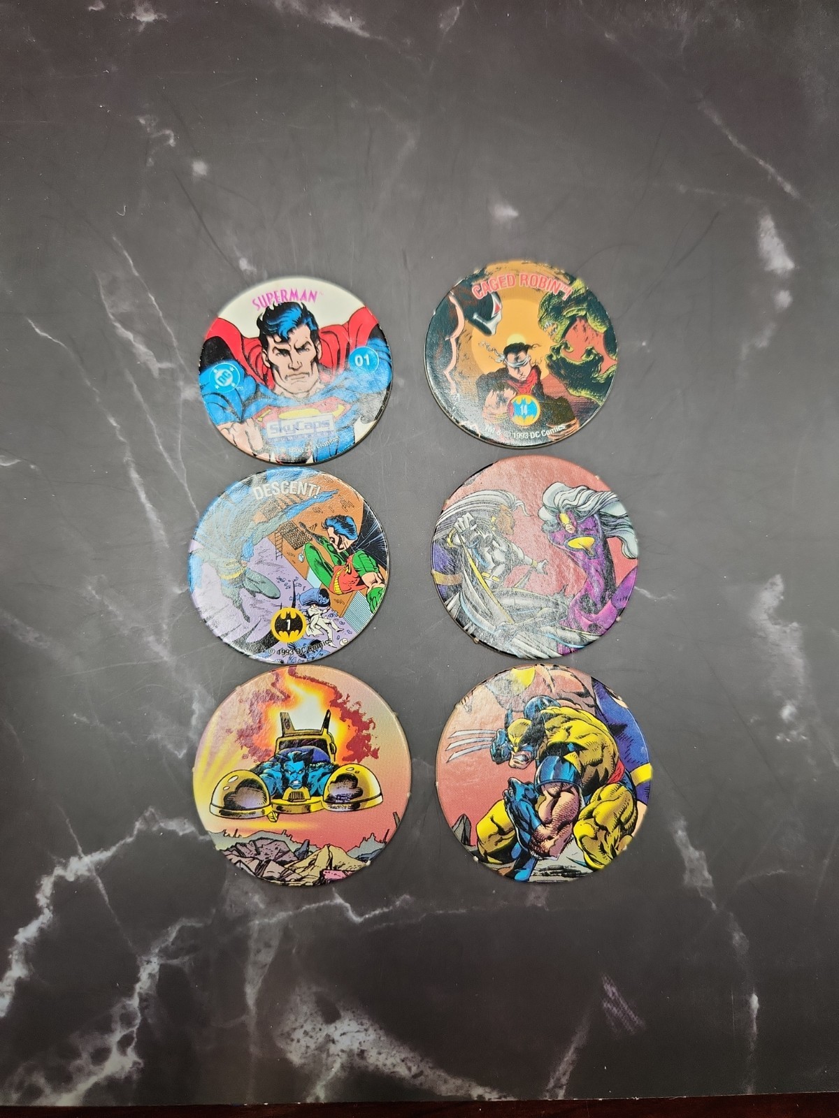 Marvel DC Comics X-Men Superman Batman 6 POGS 1993-95 Wolverine Storm Milk Caps
