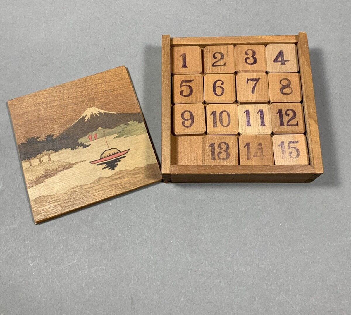 Vintage GAME OF FIFTEEN Gem Puzzle & Solitaire Peg Brain Teaser Japan Inlaid Box