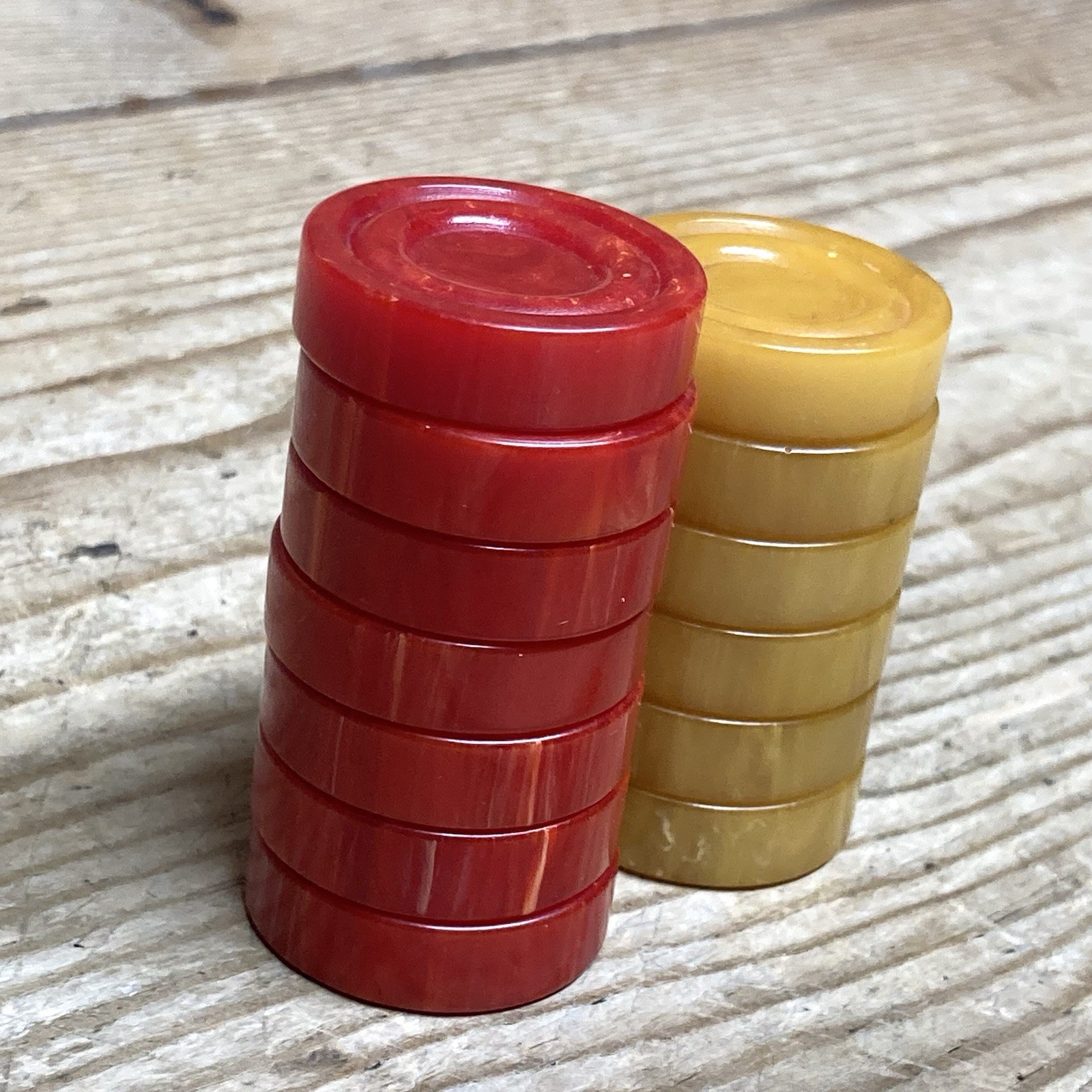 Vintage Bakelite Backgammon Checkers Set with 13 Pieces Red Yellow Butterscotch