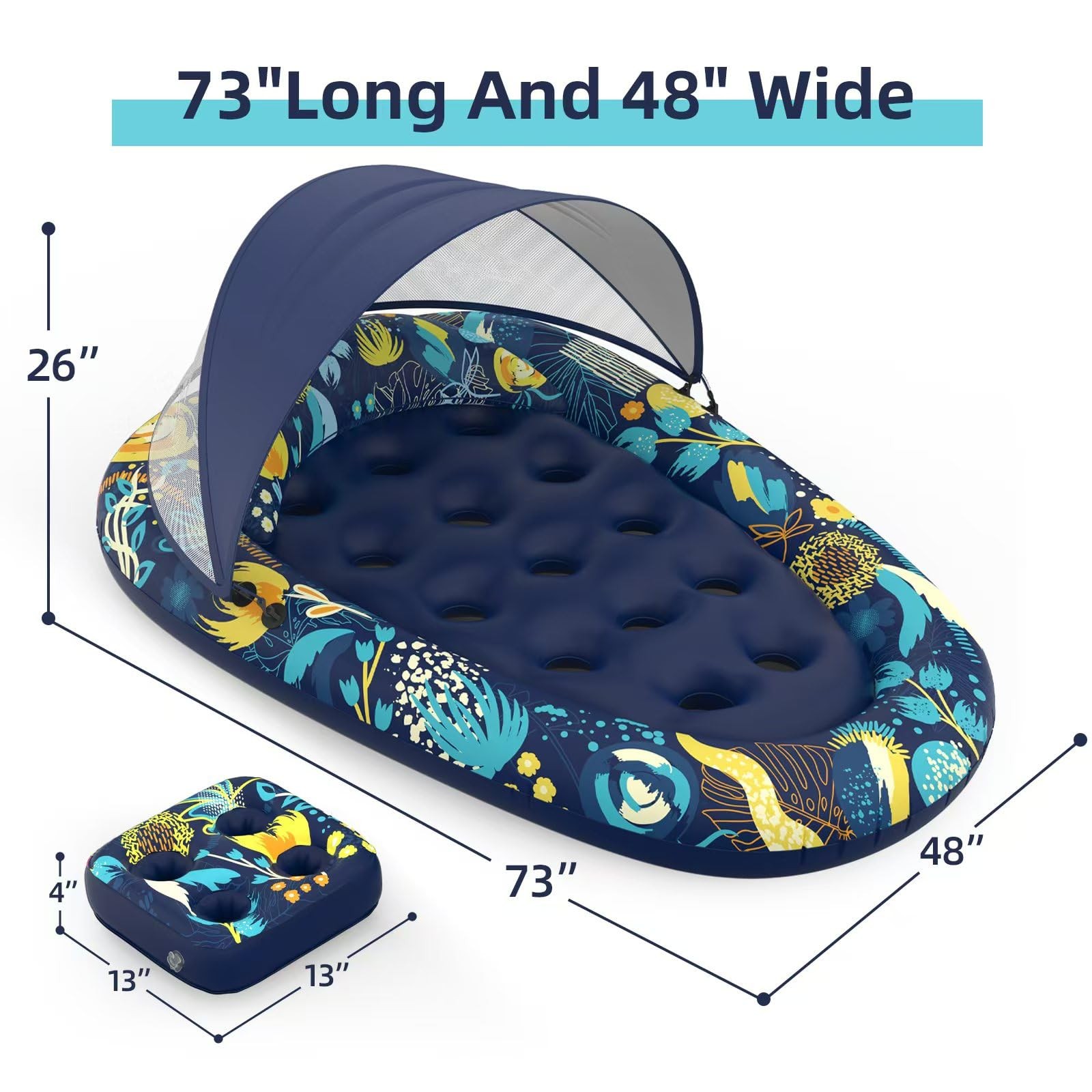 Pool Float 73 x 48 Canopy Cup Holder Heavy Duty Inflatable Lounger Sunikko Large