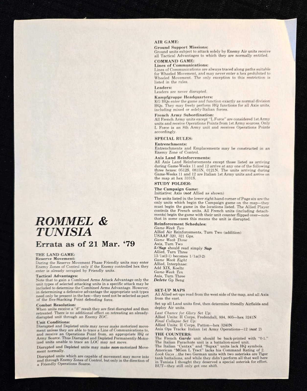 “ROMMEL & TUNISIA” WAR GAME – OSG – PART PUN (21/600), COMPLETE + ERRATA