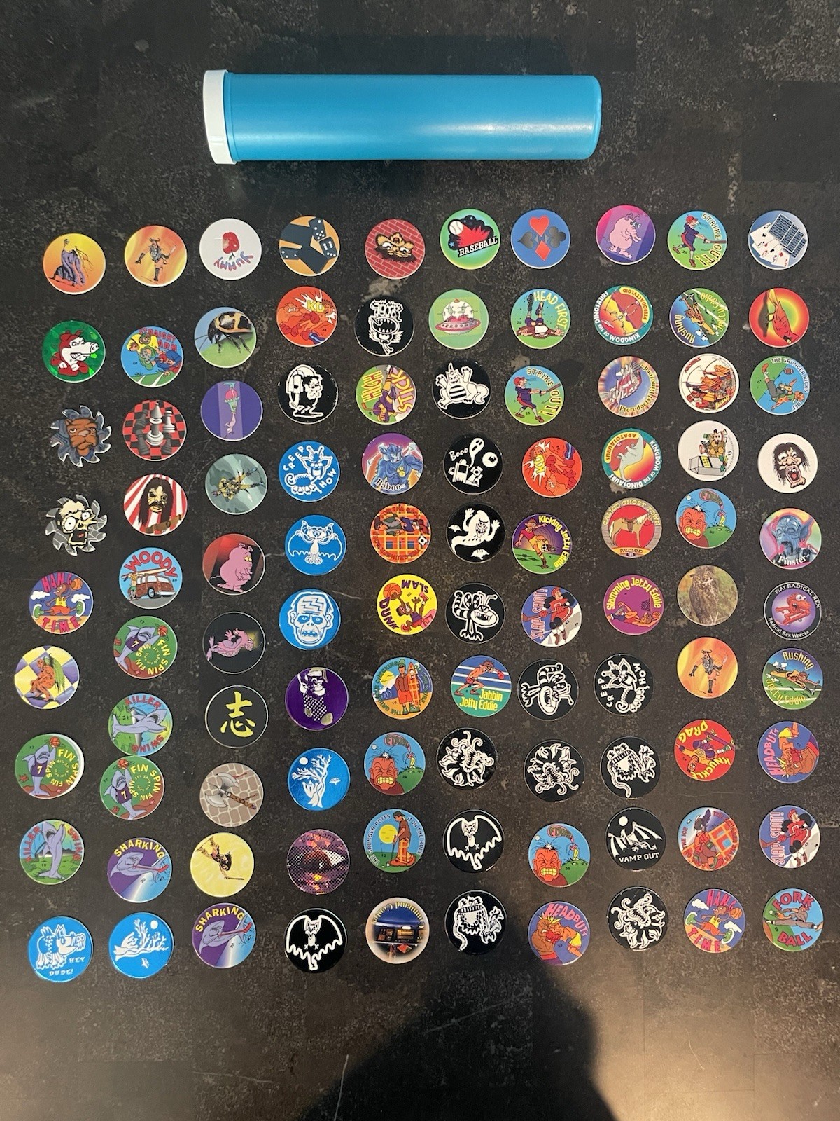 Pogs Lot of 100 Original POGs With Tube Carrying Case Vintage 1990’s