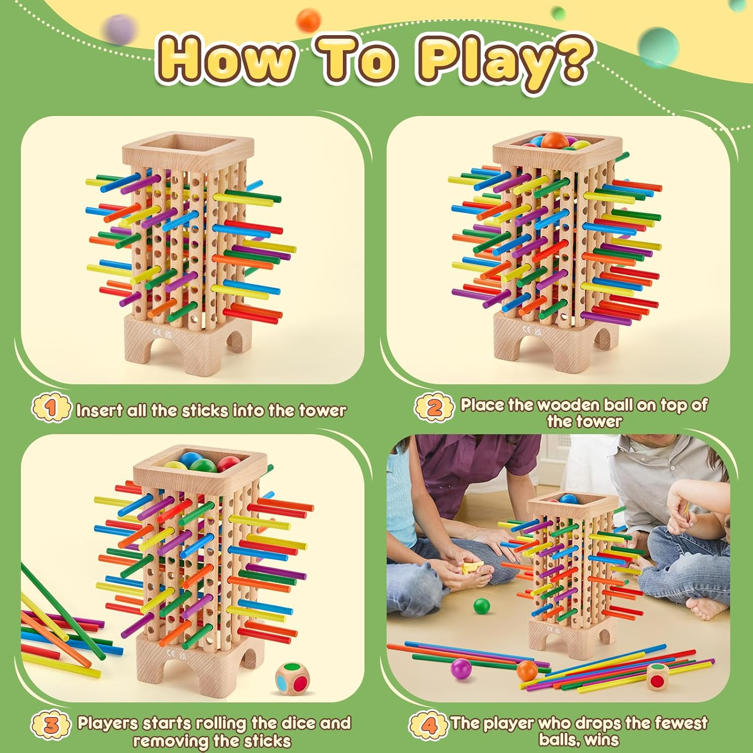 Montessori Game Wooden Board Game, 42 Colorful Wooden Sticks Dice Game Math Educ