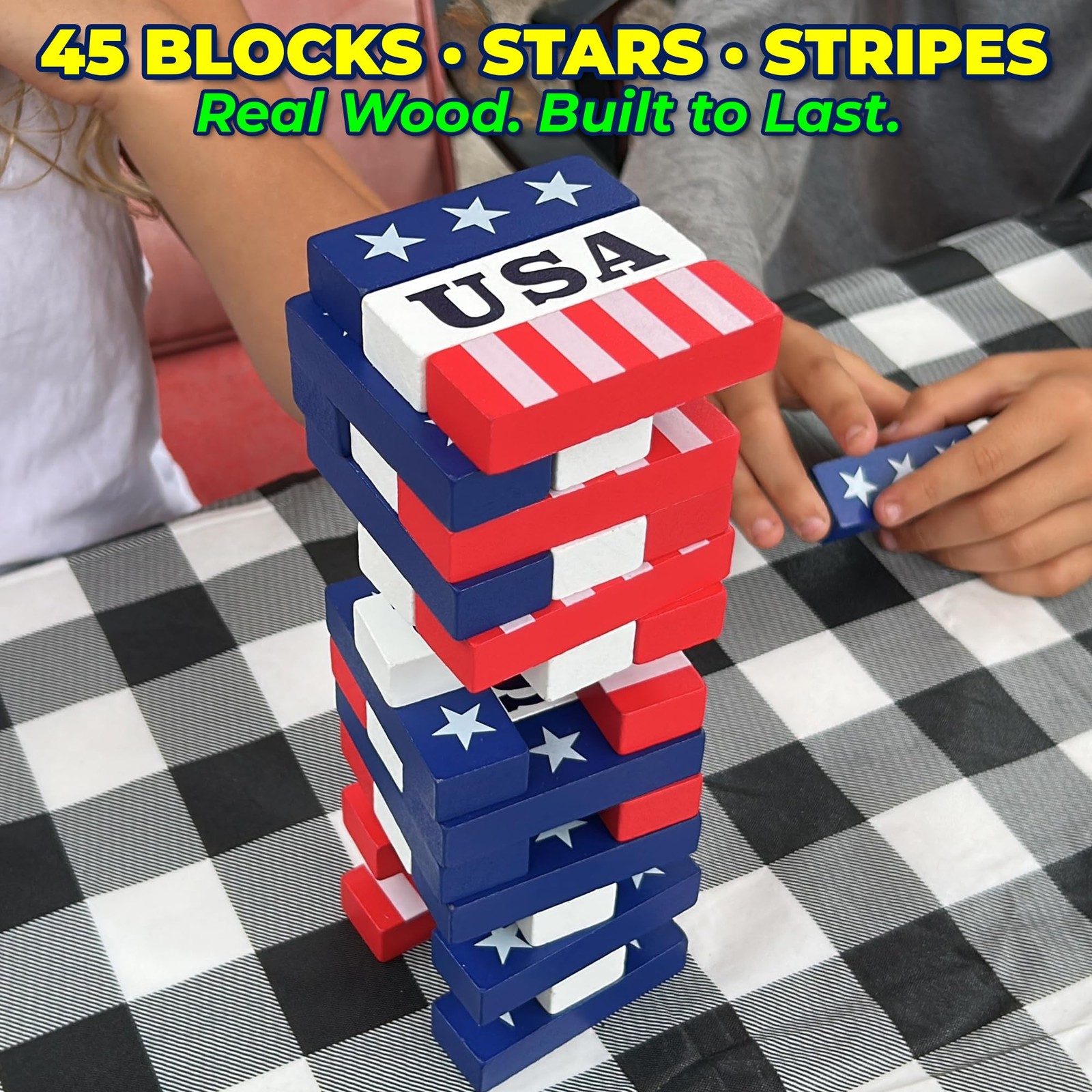 New Funwares Red White & Stack, Patriotic Wooden Stacking Game for Kids Adults