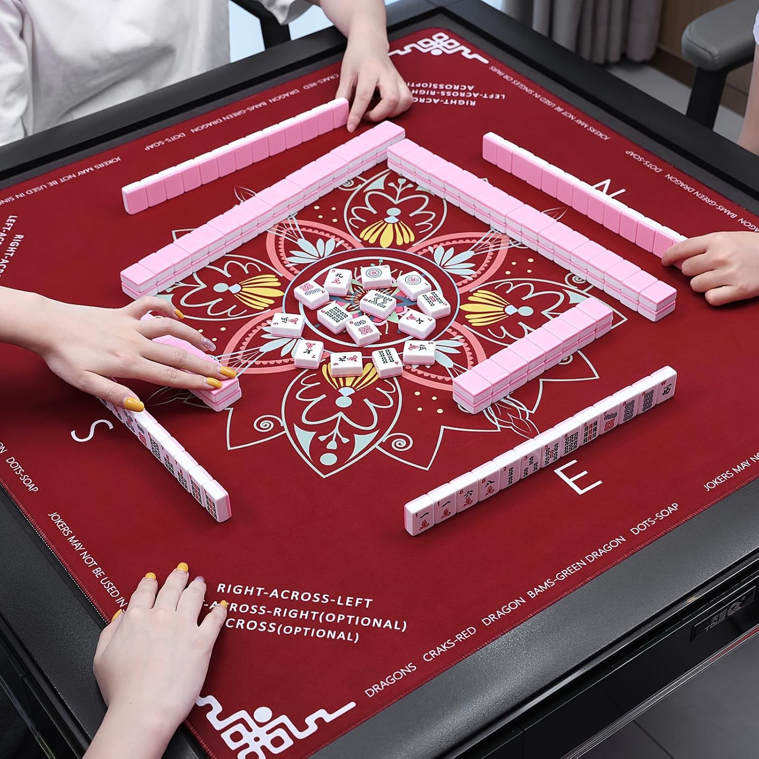 32×32 Red Mahjong Table Mat Non Slip Table Cover with Mahjong Rules and
