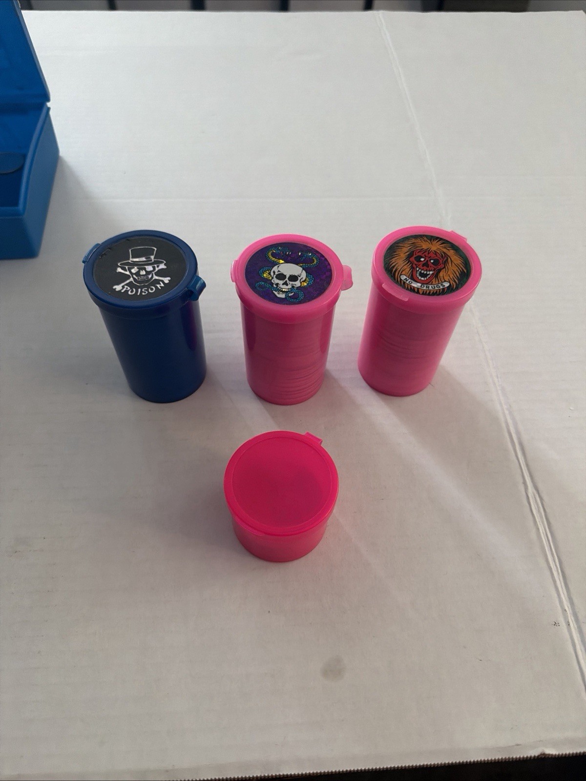 Lot Of 4 Vintage Pog Containers. 3 Medium, 1 Small. All Full Of Old Pogs