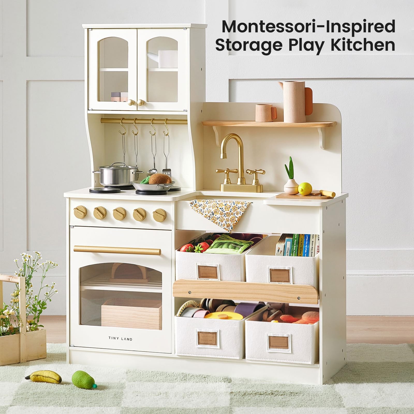 Wooden Play Kitchen Kids Toddler Stove Sink Cabinets Storage Tiny Land Enhanced