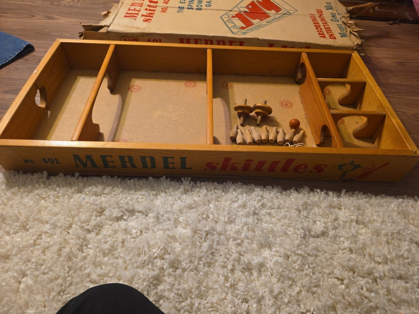 Merdel Skittles 401 Bowling Game 10 Pins, 2 Spinners, Original Box- Not Complete