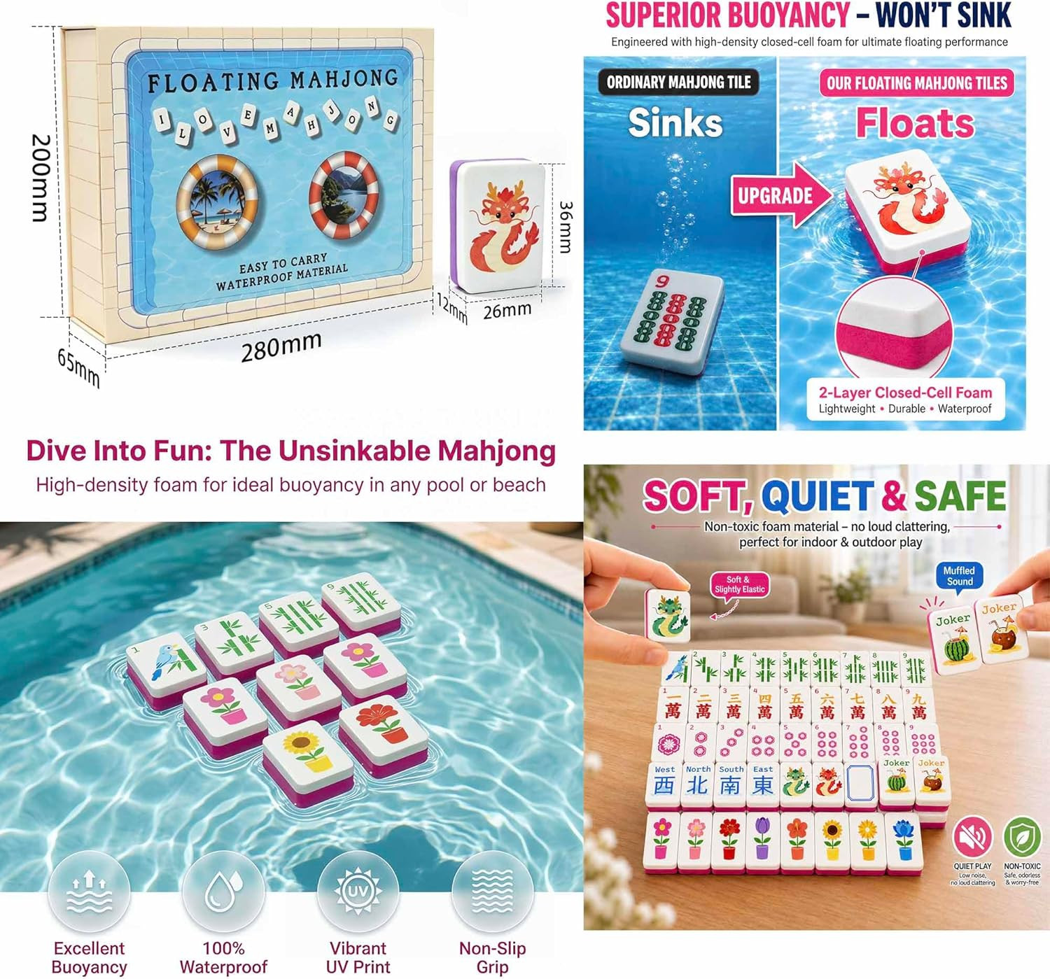 Floating Mahjong Tile Set for Pool,160 American Mahjong Tiles Waterproof EVA Foa