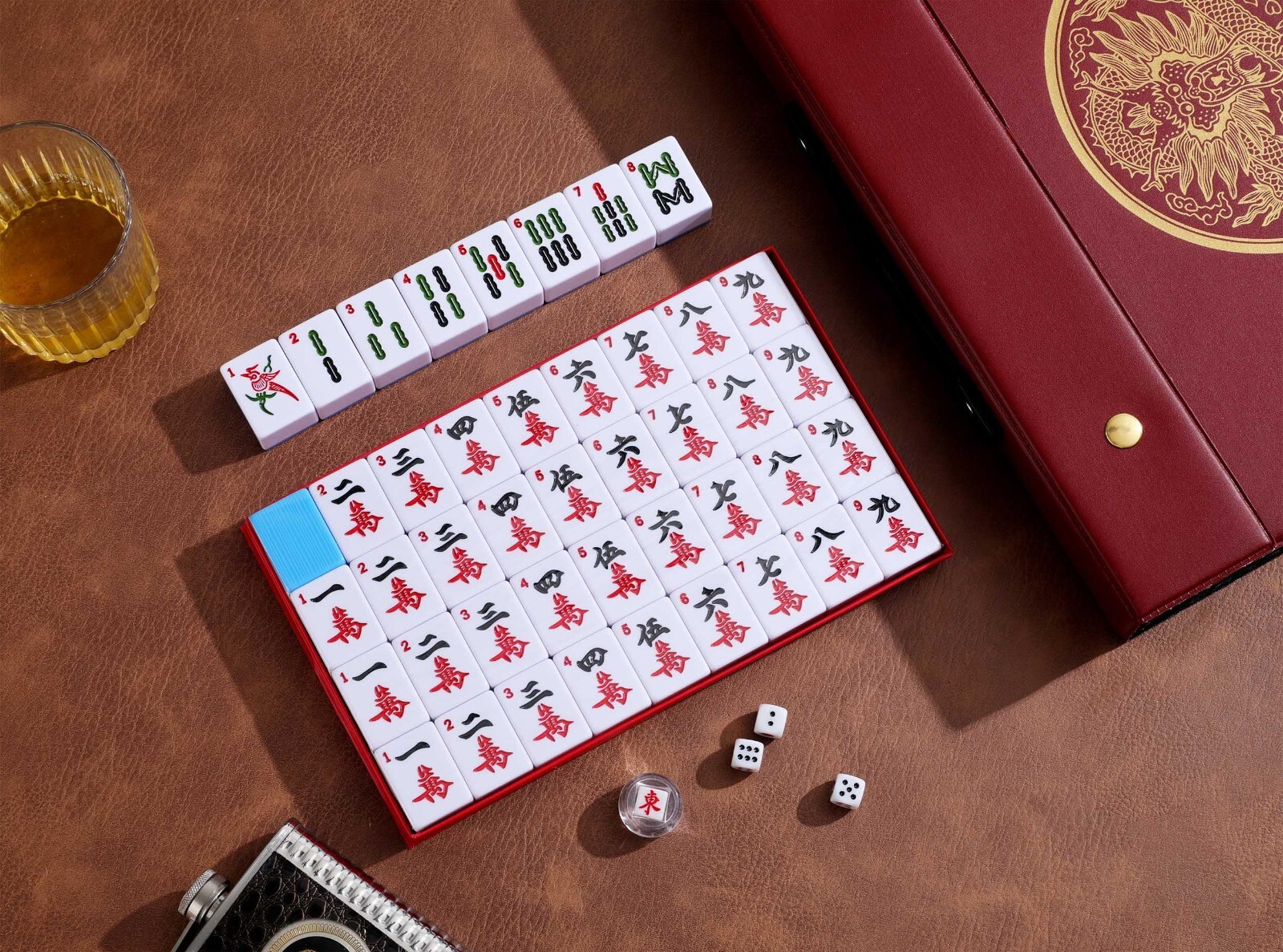 Chinese Mahjong Game Set X-Large 144 Numbered 1.5″ Blue Tiles Mah-Jongg in Case