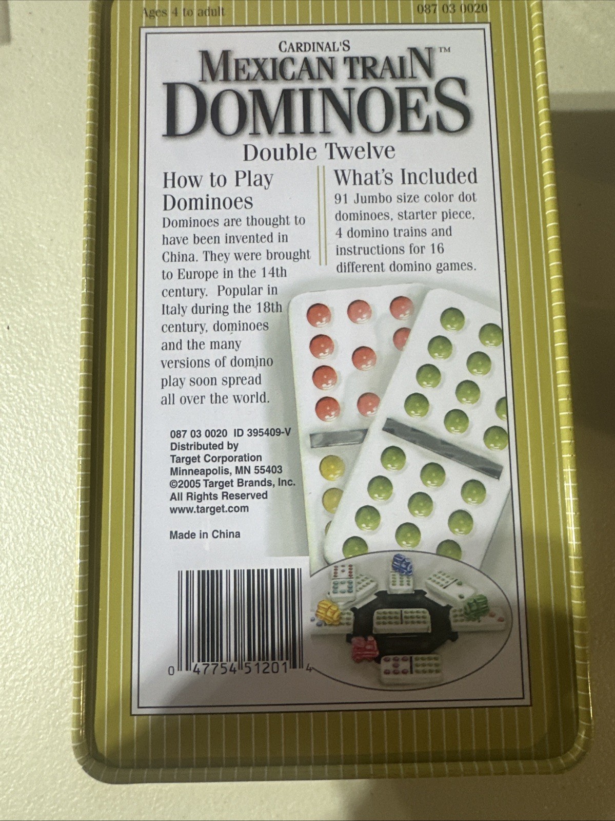 Cardinals MEXICAN TRAIN Jumbo DOMINOES Double Twelve Color Dot TIN 2005