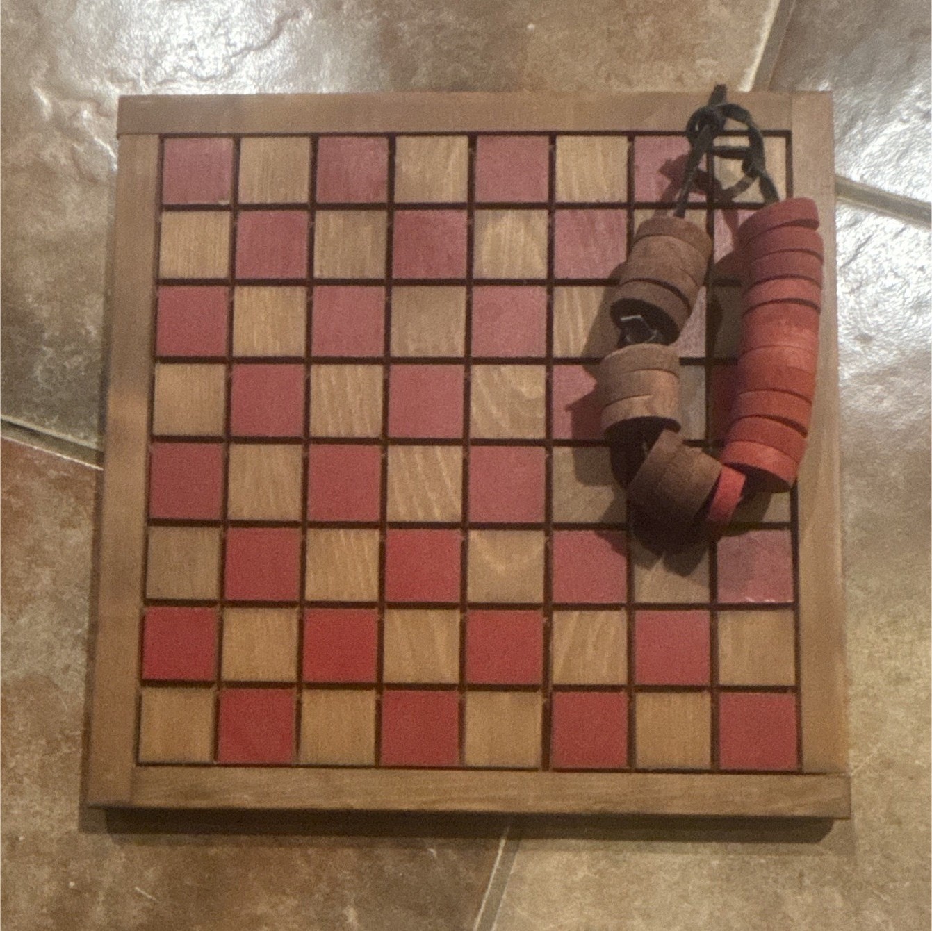 Vintage Wooden Draughts/Checkers Board Game w/ Red & Natural Wood Pieces
