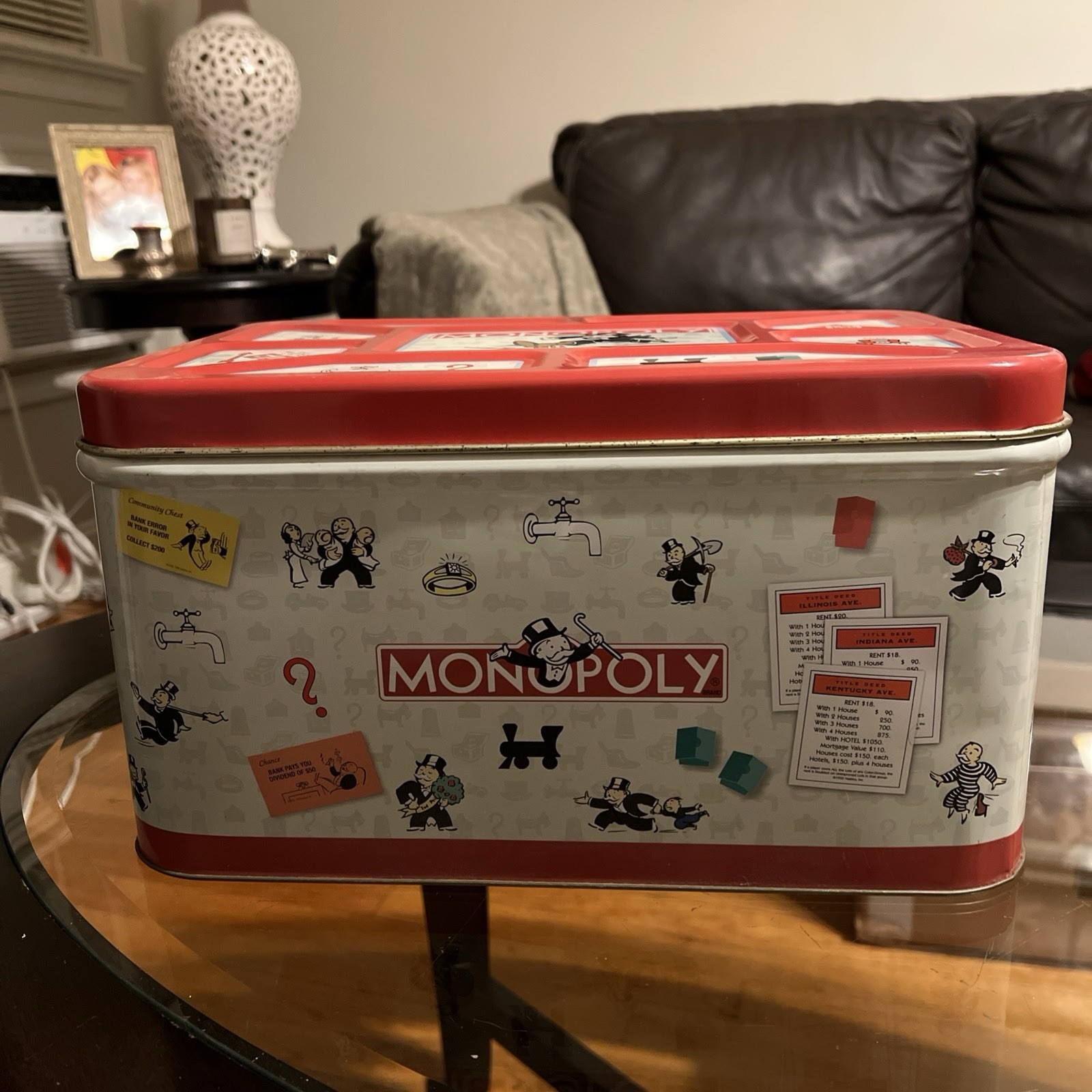 Vintage Hasbro Monopoly Popcorn Tin Toy Chest 1998 Large 13.5×9.25×7.5″‘