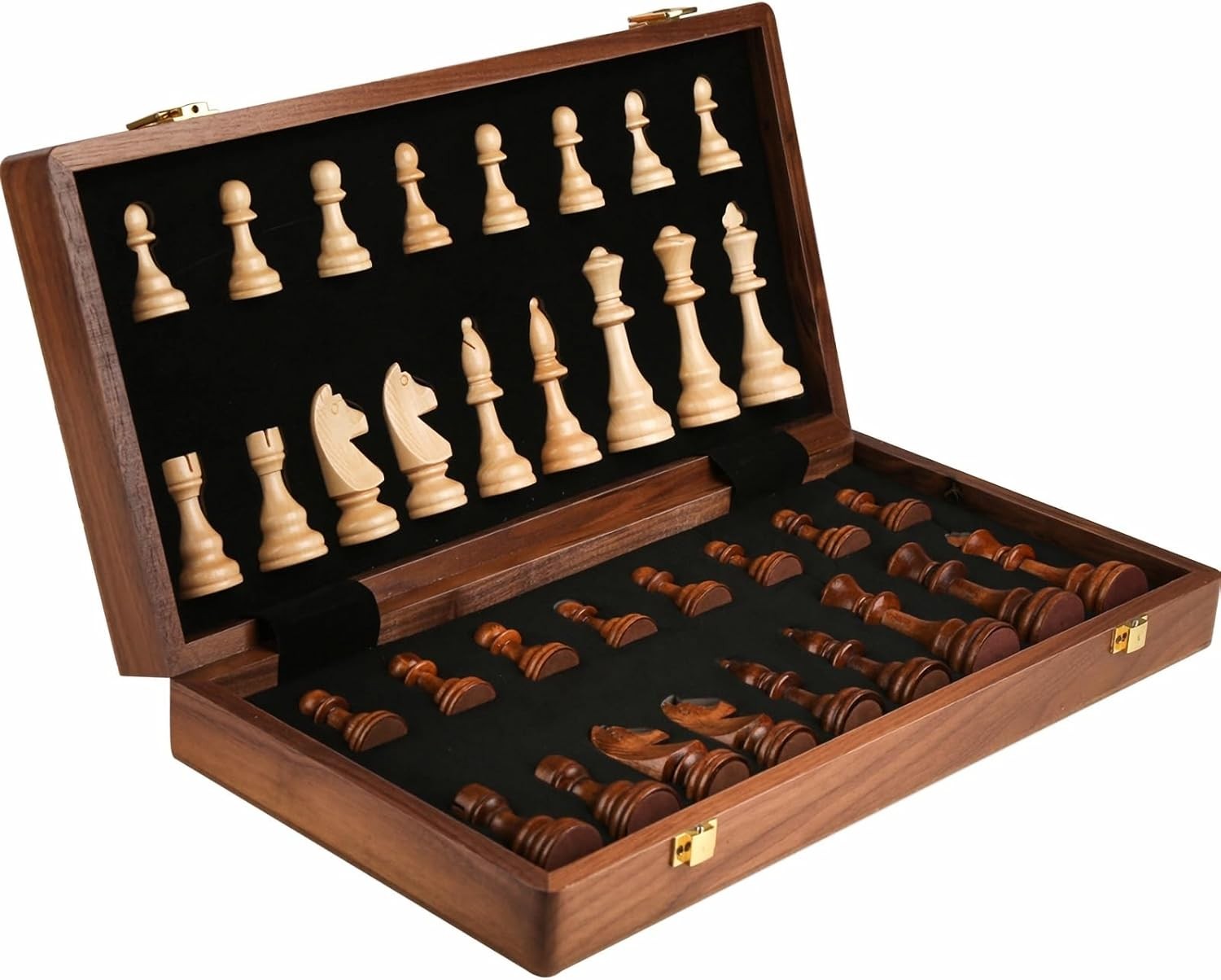Walnut Chess Set 15” x 15” with Felted Game Board Interior for Storage Ches…