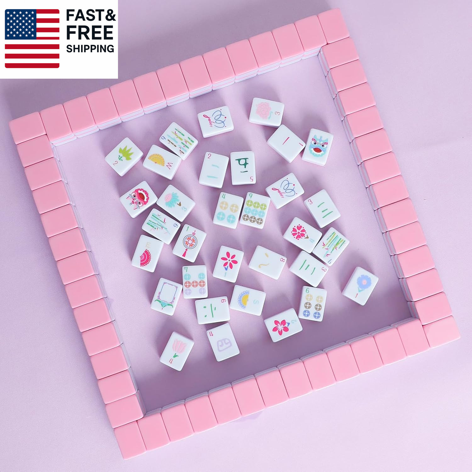 160 Pink American Printed Mahjong Game Set with Carrying Bag and Accessories