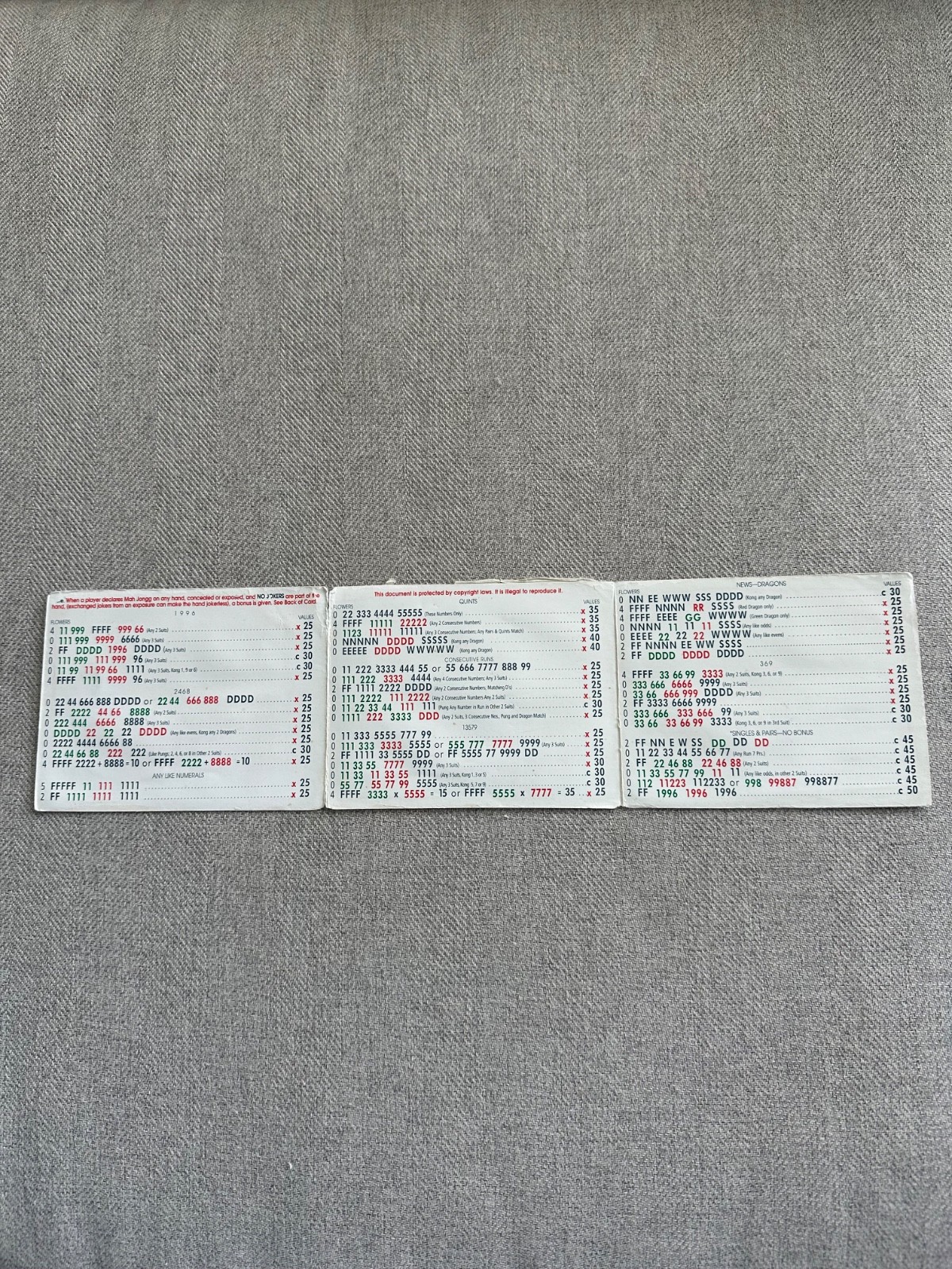 National Mah Jongg League Official Standard Hands And Rules Card 1996-97 59th