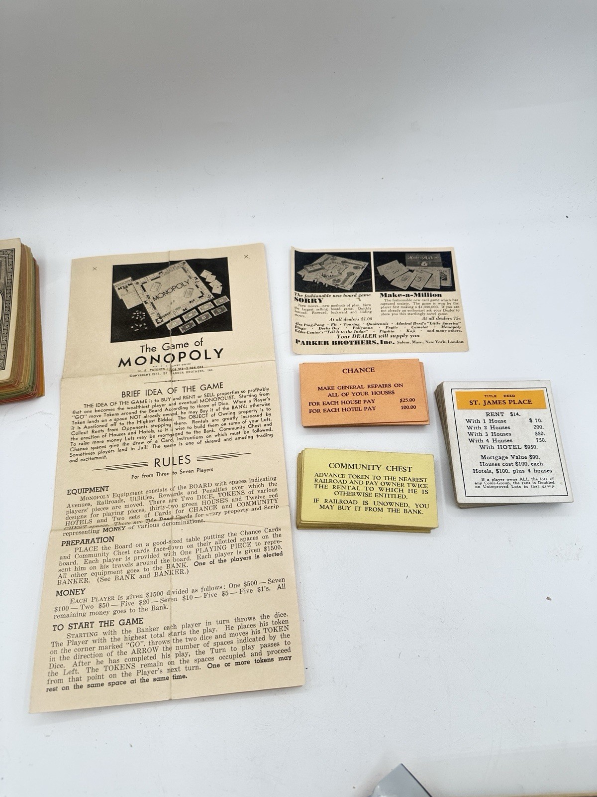 Vintage 1935 Monopoly Parts Set Metal Tokens Wood Houses NO BOARD Parker Bros