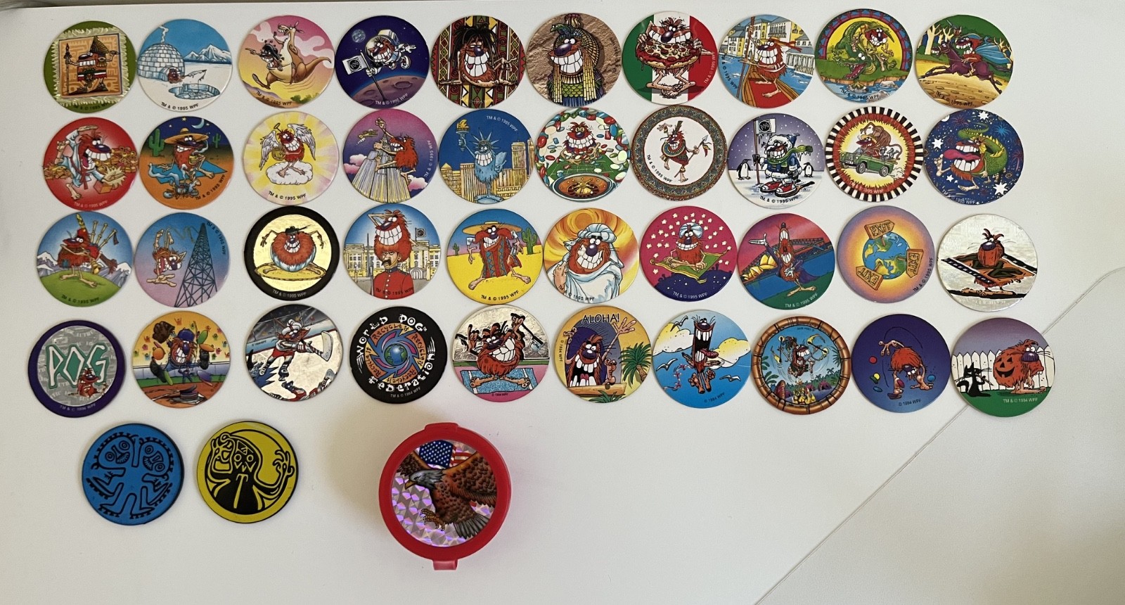 Lot of 40 Pogs, 2 Slammers, Tube, Authentic World Pog Federation all different