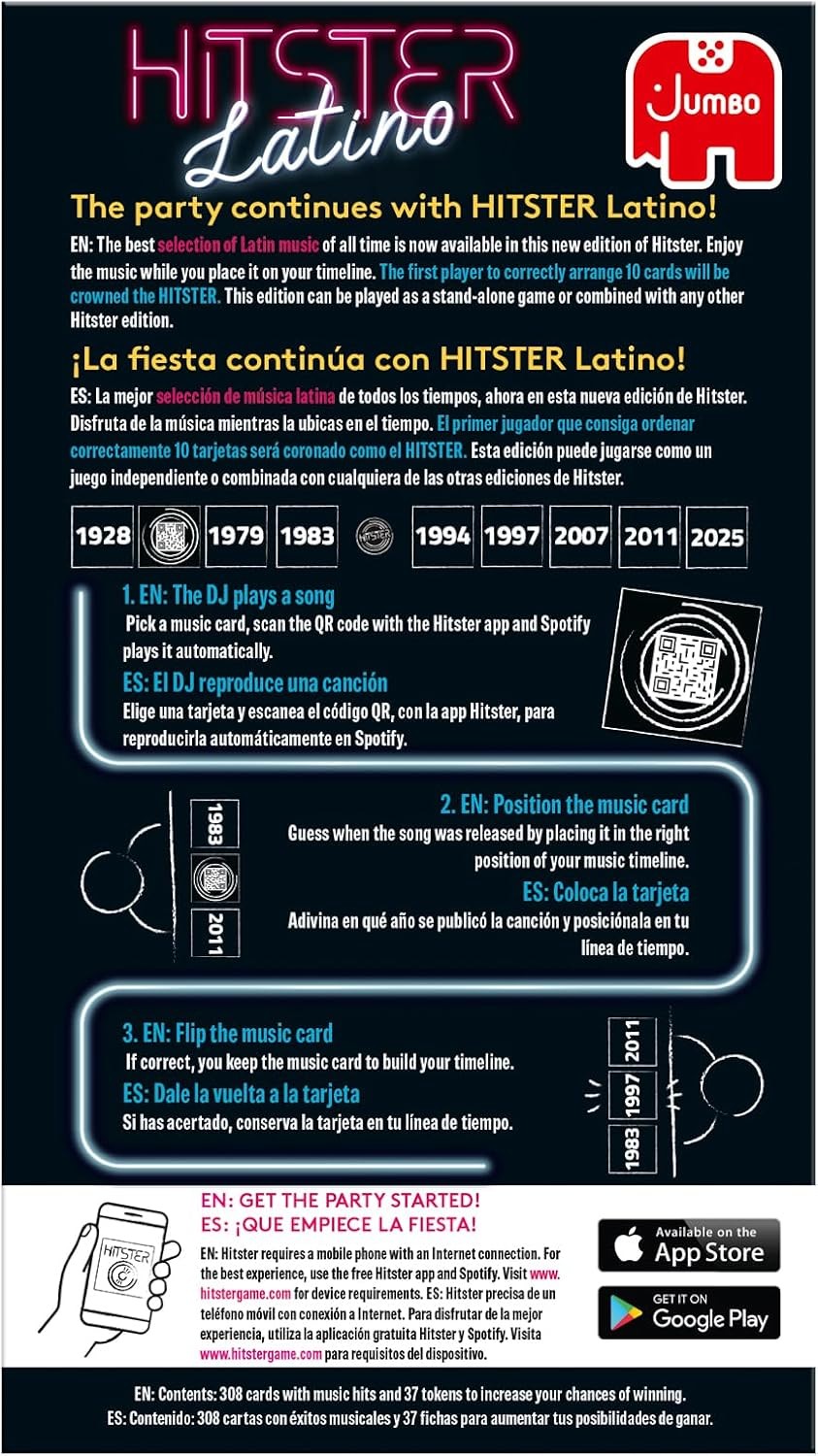 Jumbo Hitster – Latino, Fun Music Quiz Card Game, 2-10 Players – 300 Latin Music