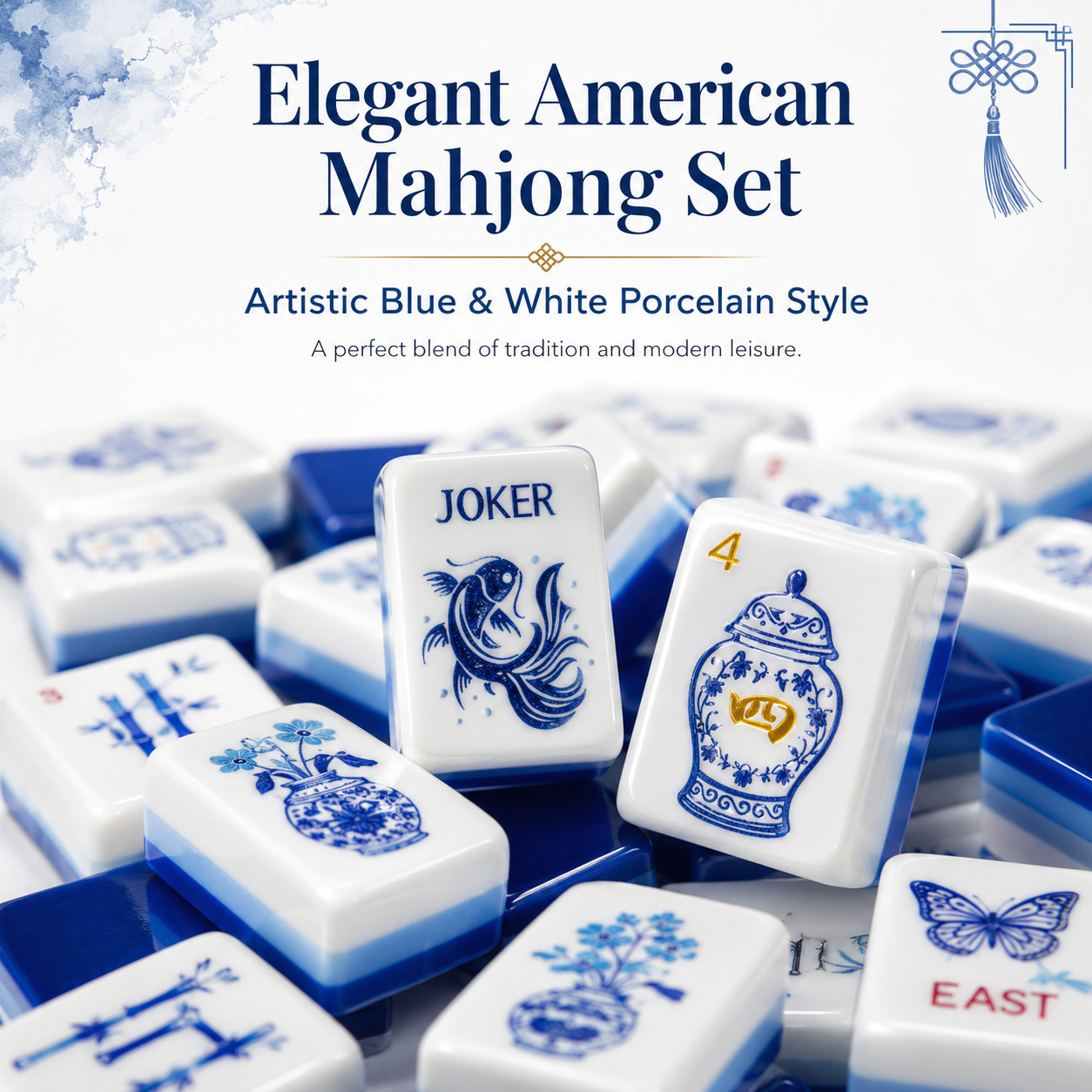 160 Blue and White Porcelain American mahjong tiles, 4-layer acrylic engraving