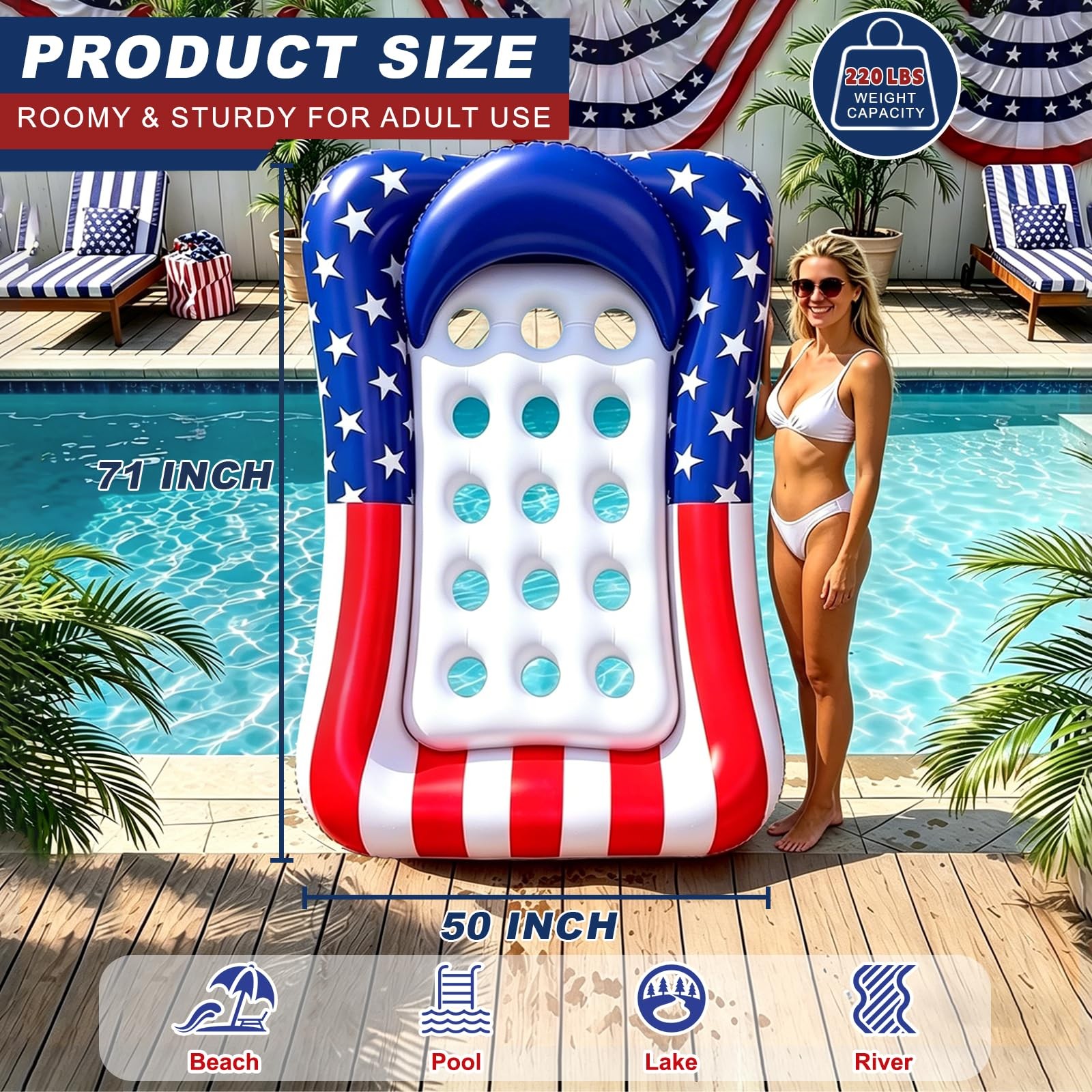 Pool Float 71 X 50 Patriotic American Flag Inflatable Lounger Backrest Floats