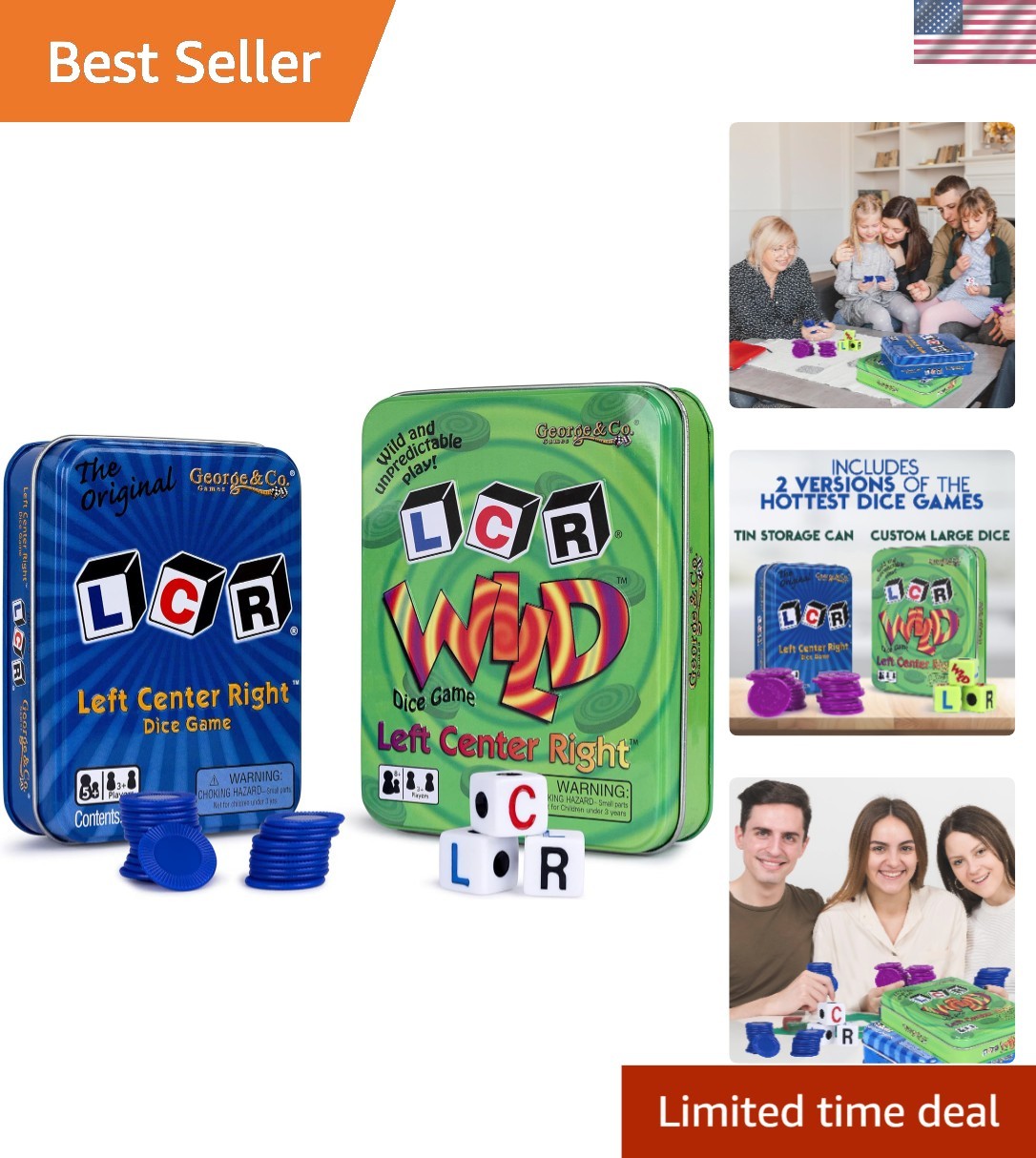 LCR Left Right Center Bundle: Blue & Green Tin – 2 Fun Versions Included