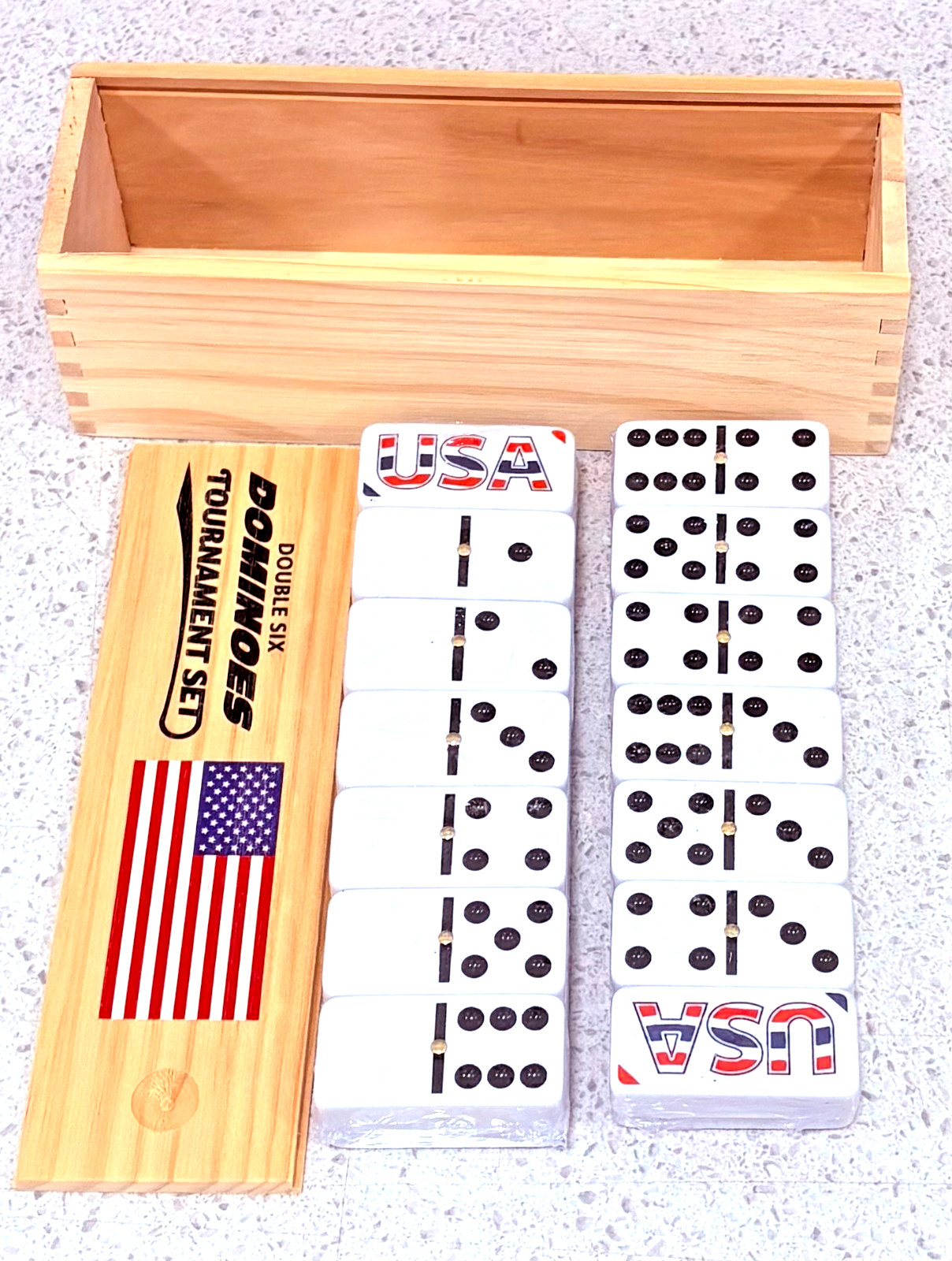 Domino Set of 28 Double Six Dominoes Wood Box Center Pins Easy Flip, FREE SHIP!