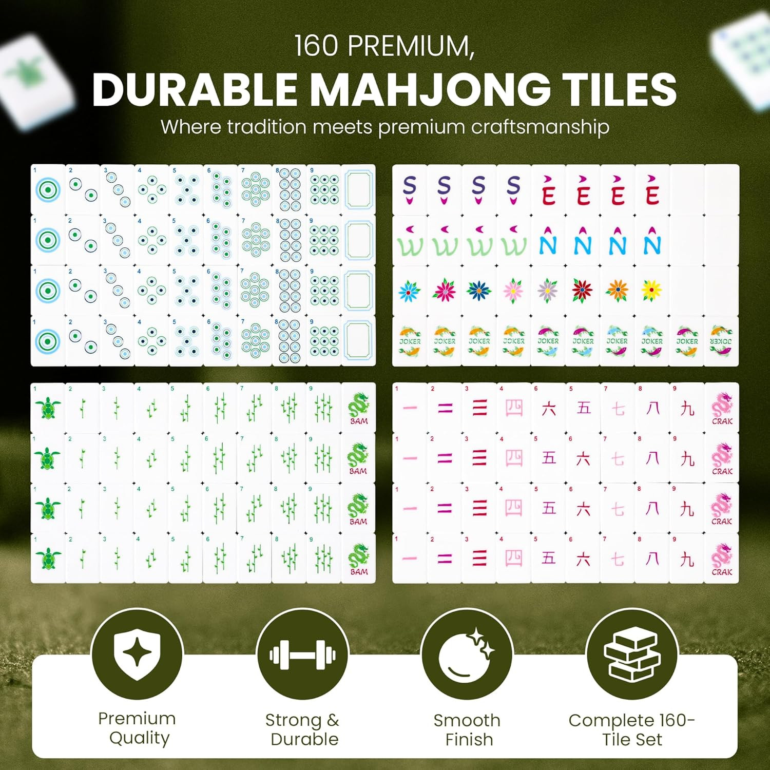 Premium 2-Layer American Mahjong Tiles with 3 Blue Dice, 4 Mahjong Game Cards –