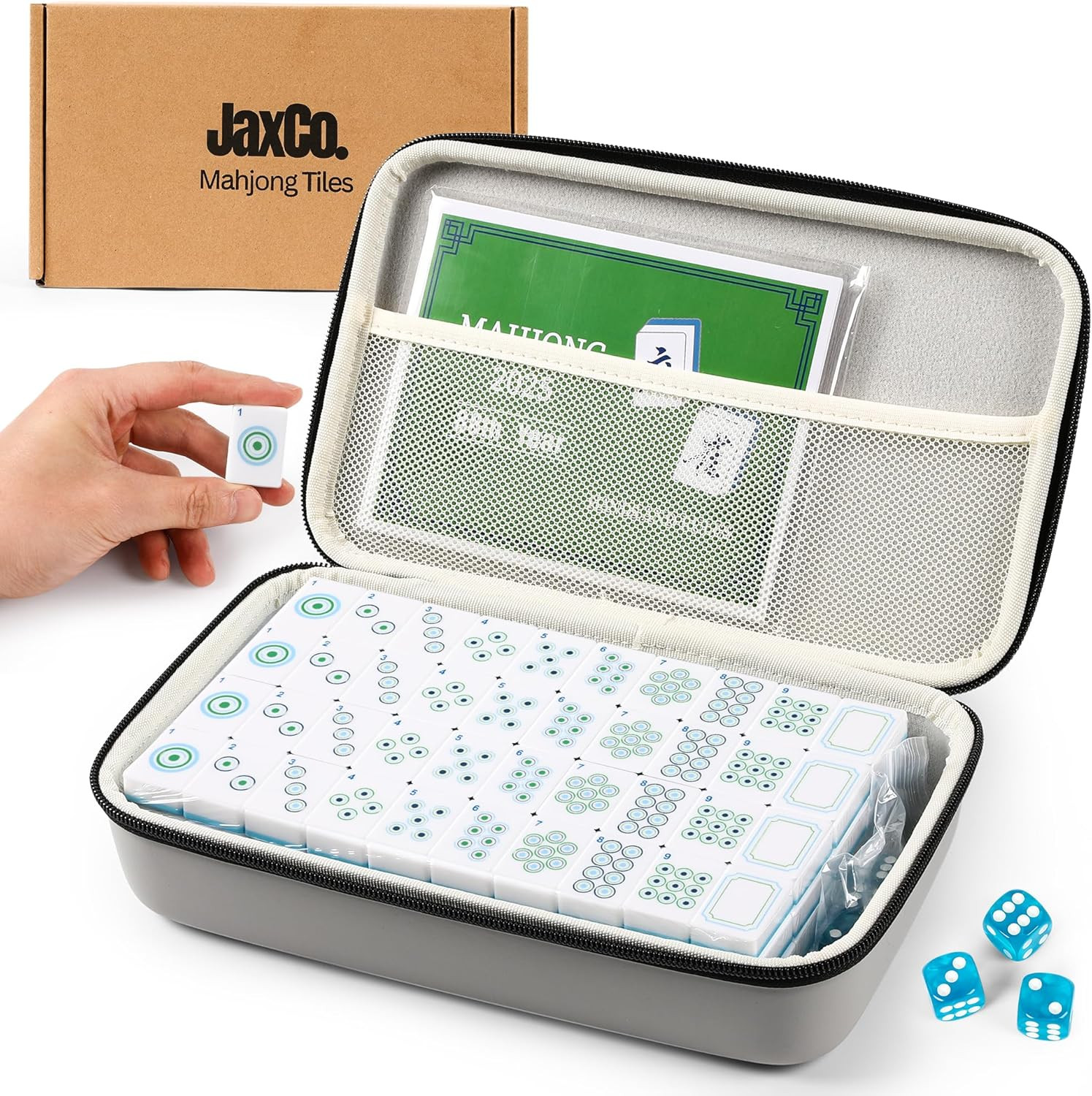 Premium 2-Layer American Mahjong Tiles with 3 Blue Dice, 4 Mahjong Game Cards –