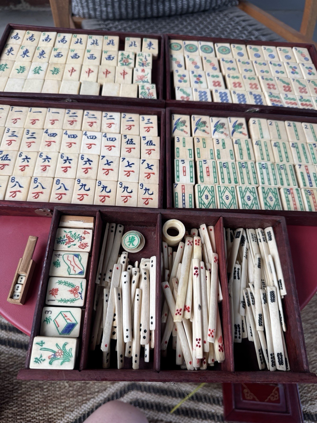 Antique Mahjong 5 Drawer Wood Box Set Bamboo Bone w/DICE/Tiles/Hand Colored