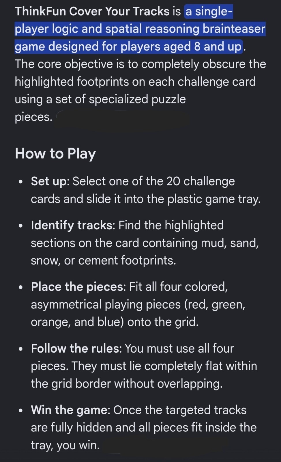 Thinkfun Cover Your Tracks Solitaire Strategy Brain Teaser Puzzle