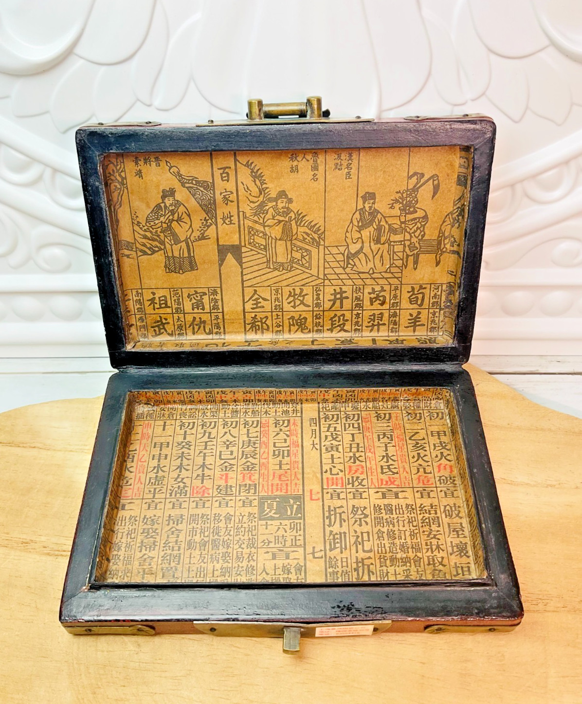 Vintage Chinese Lacquer Domino Set 28 Tiles Brass Box Birds Bamboo Asian Decor